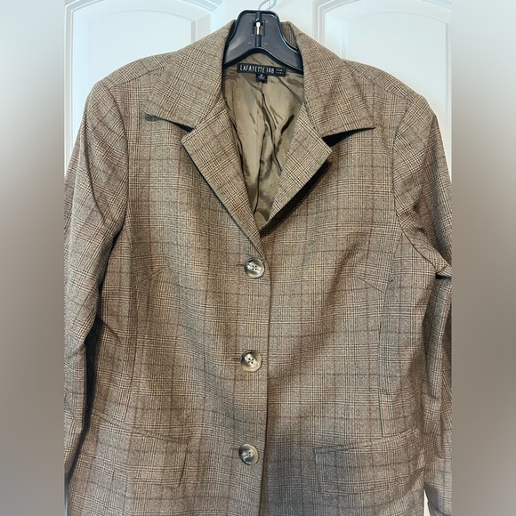 Lafayette 148 New York Brown Tan Plaid Virgin Wool Academy Blazer Jacket size 12 - Picture 3 of 8